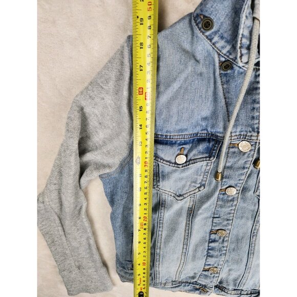 Silver Women's Denim Jacket With Hood Size Medium Trucker Strech - Picture 11 of 12
